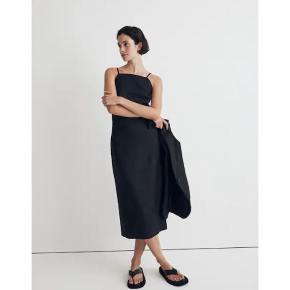 Madewell Goldie Midi Dress Womens Size 6 Black Square Neck 100% Linen NWT